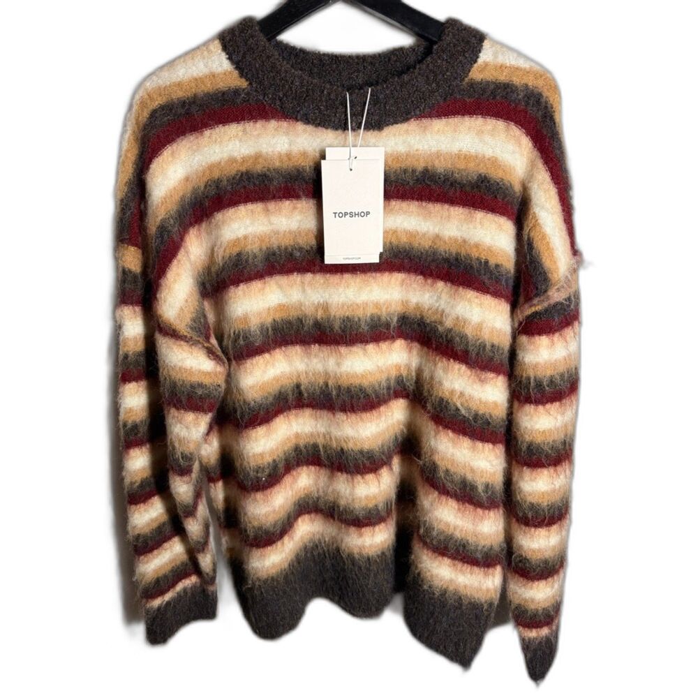 Topshop Fluffy Striped Sweater Neutral Burgundy Wool Blend Size S